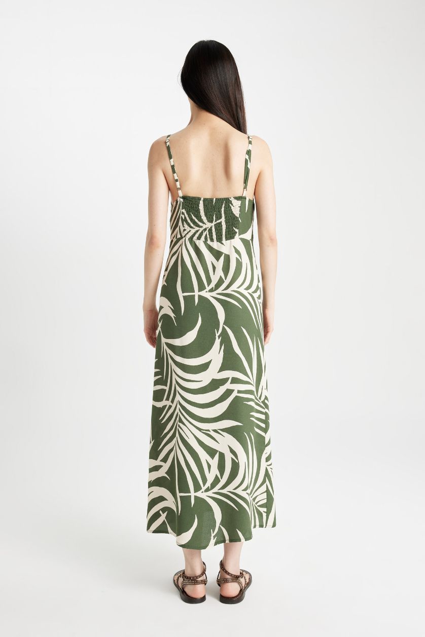 Kadın Yeşil V Yaka Tropikal Desenli Maroken Askılı Maxi Elbise