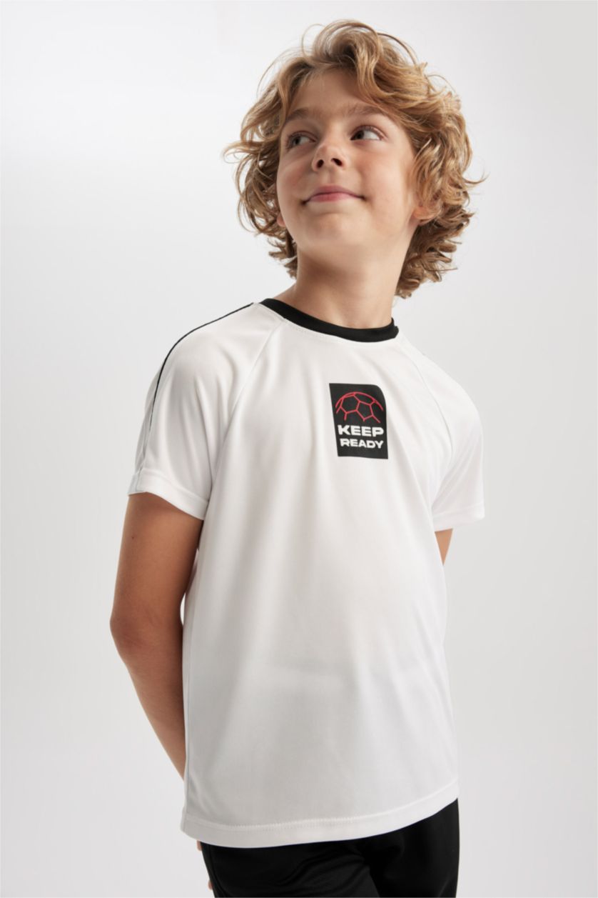 Erkek Çocuk - Genç Erkek Beyaz Oversize Geniş Kalıp Bisiklet Yaka Baskılı Kısa Kollu Tişört Erkek Çocuk