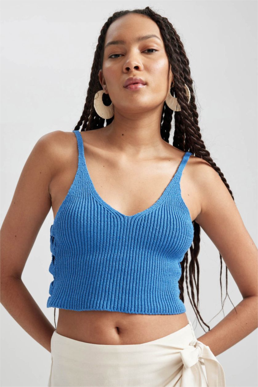 Woman Blue Fitted Slogan Patterned Crop Top