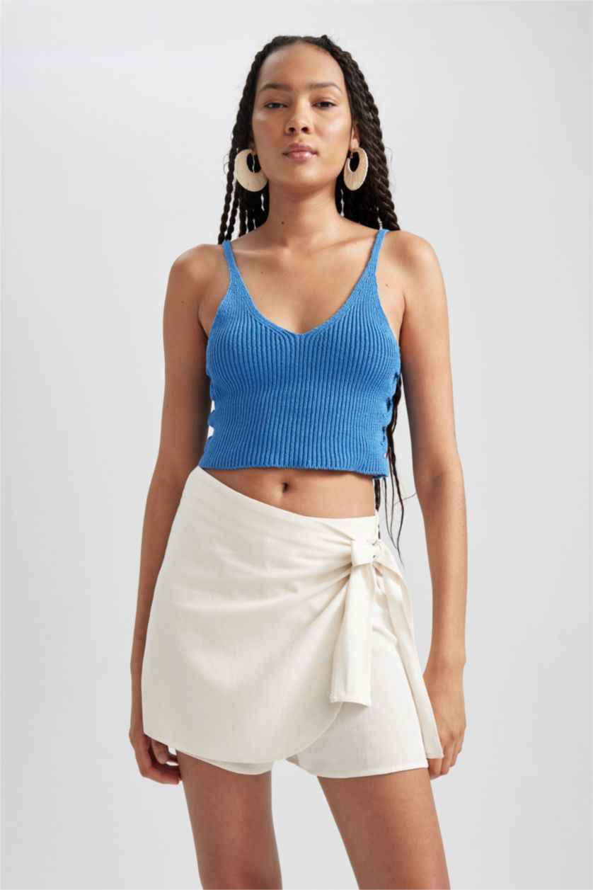 Woman Blue Fitted Slogan Patterned Crop Top