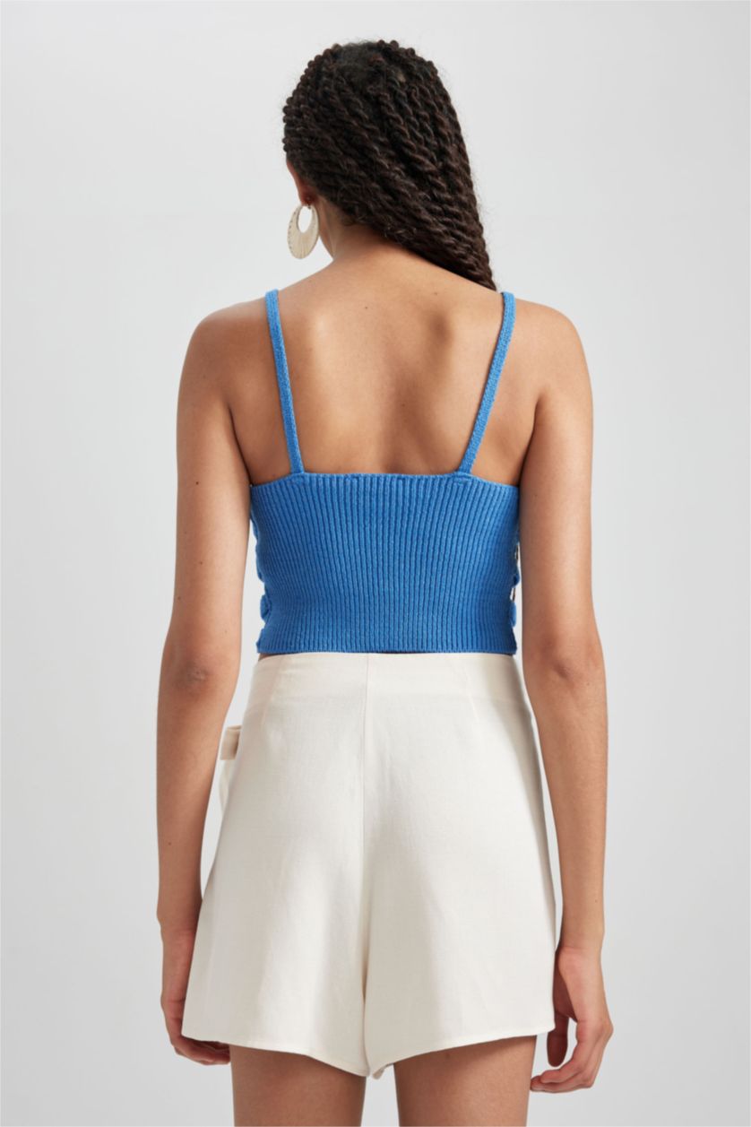 Woman Blue Fitted Slogan Patterned Crop Top