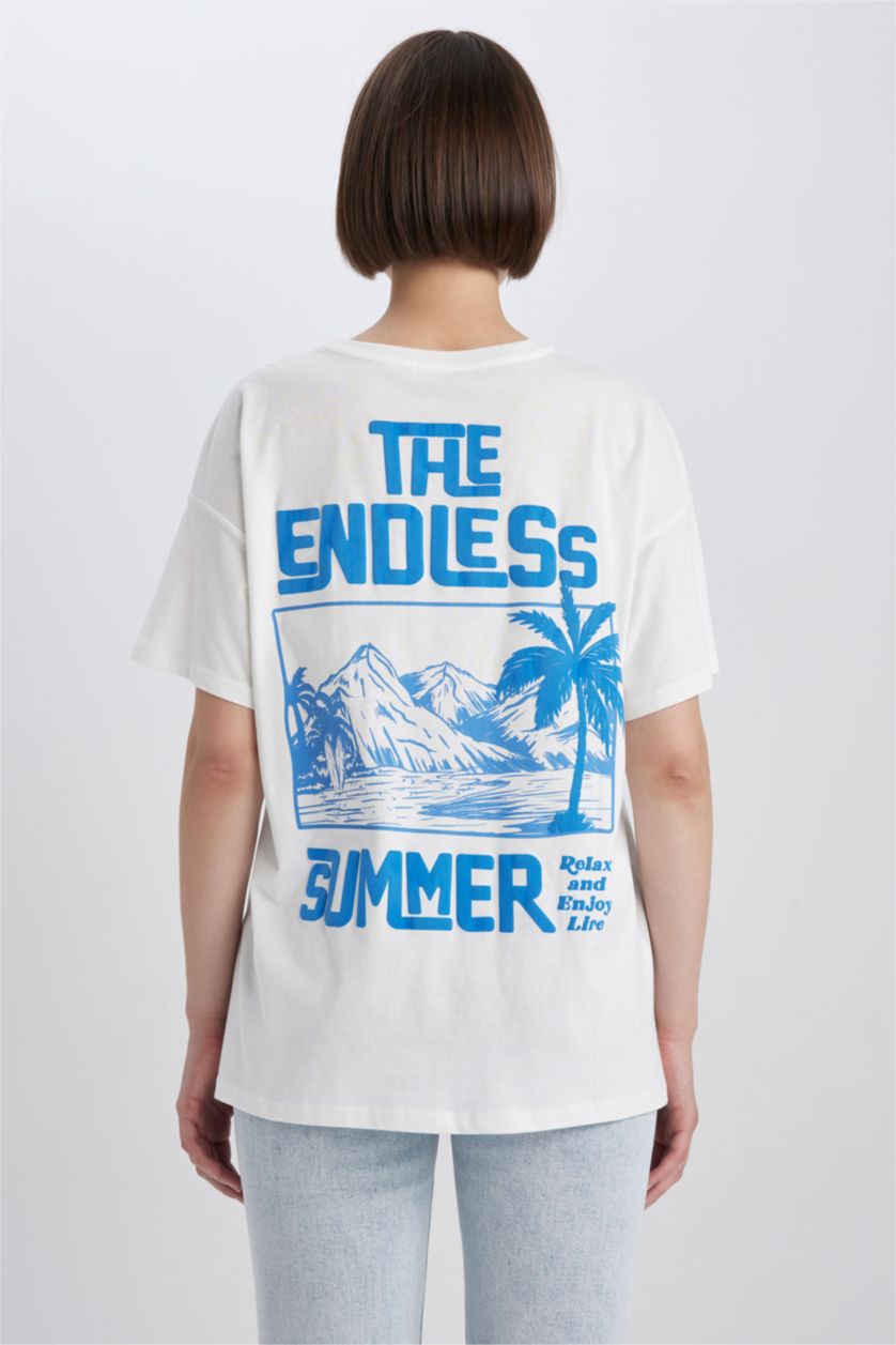 حريمي اوف وايت تيشيرت قطن نص كم اوفر سايز مطبوع برقبة مستديرة