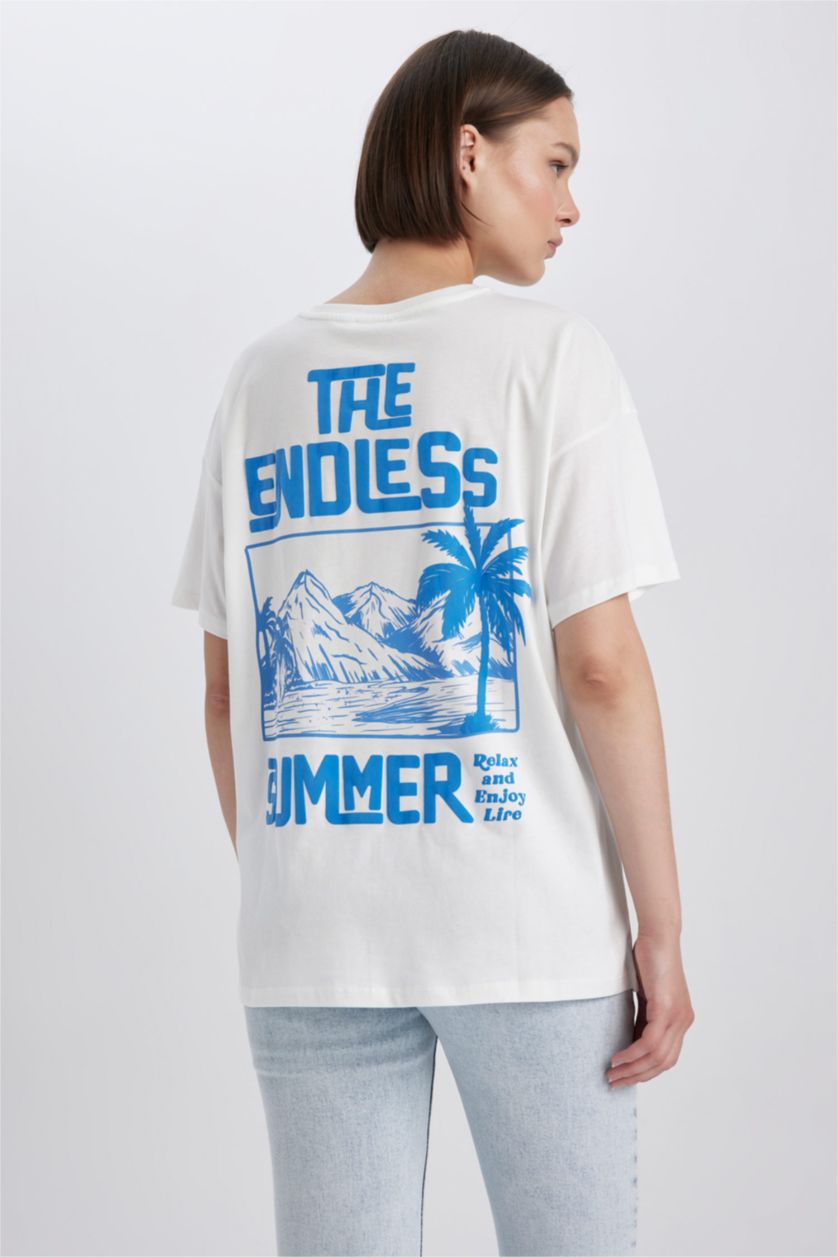 حريمي اوف وايت تيشيرت قطن نص كم اوفر سايز مطبوع برقبة مستديرة