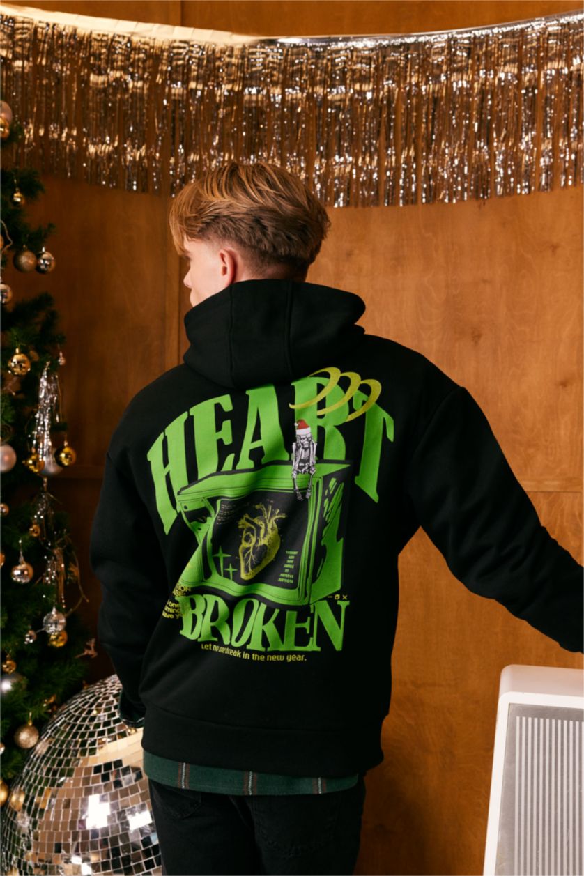 Мужская Черный Свитшот новогодний оверсайз с капюшоном