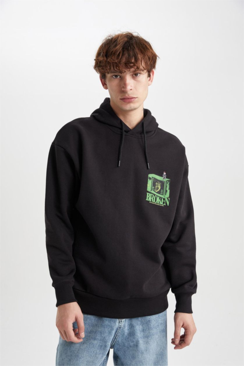 Мужская Черный Свитшот новогодний оверсайз с капюшоном