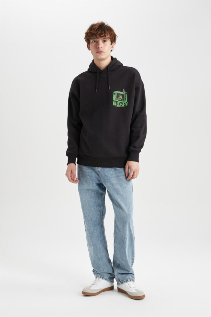 Мужская Черный Свитшот новогодний оверсайз с капюшоном