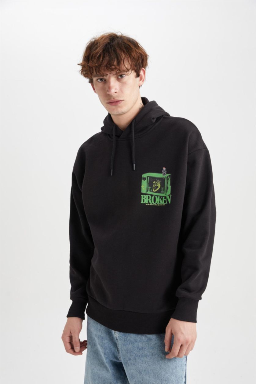 Мужская Черный Свитшот новогодний оверсайз с капюшоном