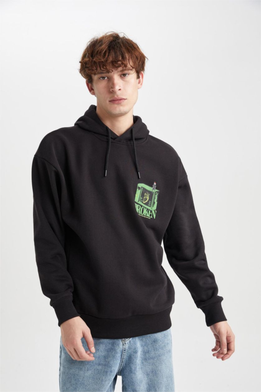 Мужская Черный Свитшот новогодний оверсайз с капюшоном