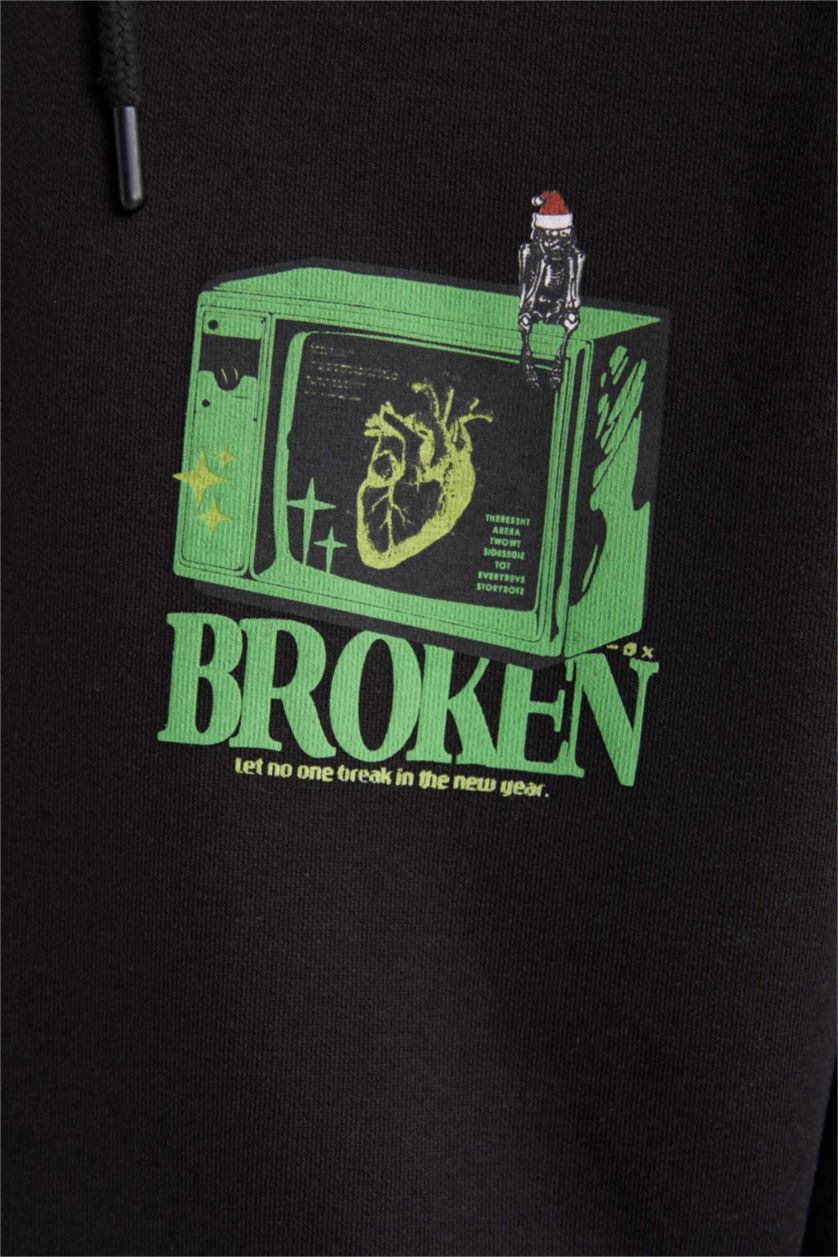 Мужская Черный Свитшот новогодний оверсайз с капюшоном