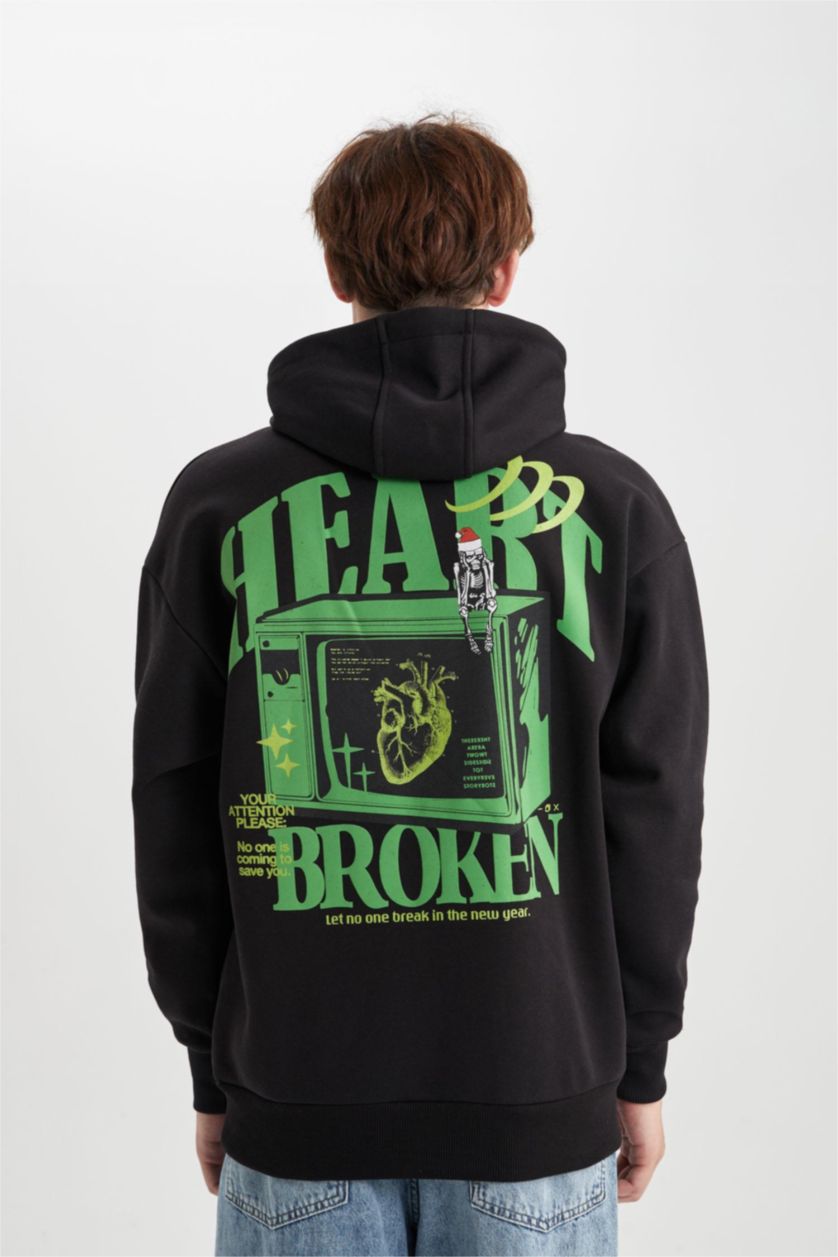 Мужская Черный Свитшот новогодний оверсайз с капюшоном