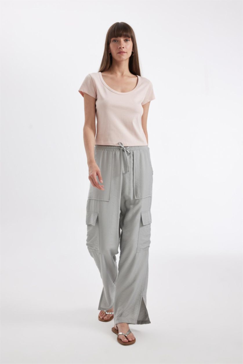Woman Light Grey Wide Leg Pocket High Waist Long Length Trousers