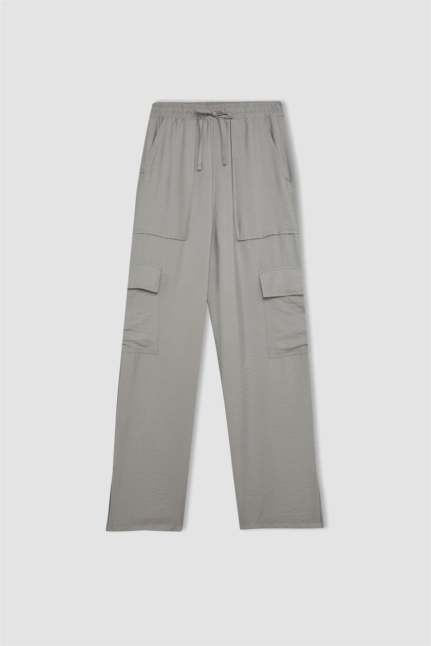 Woman Light Grey Wide Leg Pocket High Waist Long Length Trousers