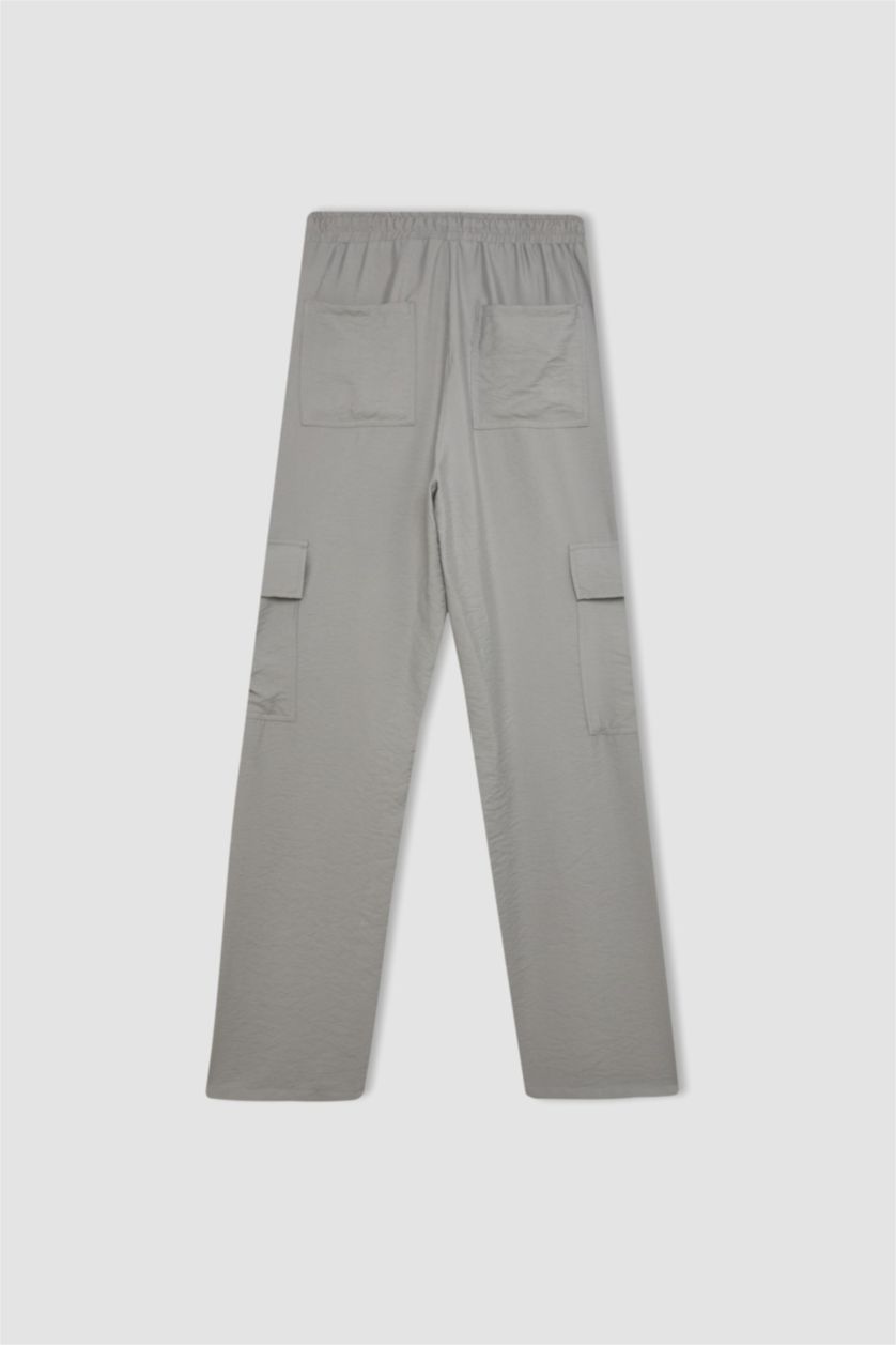 Woman Light Grey Wide Leg Pocket High Waist Long Length Trousers