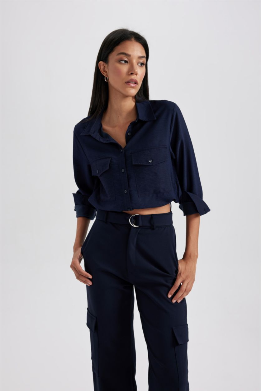 Woman NAVY Crop Long Sleeve Shirt