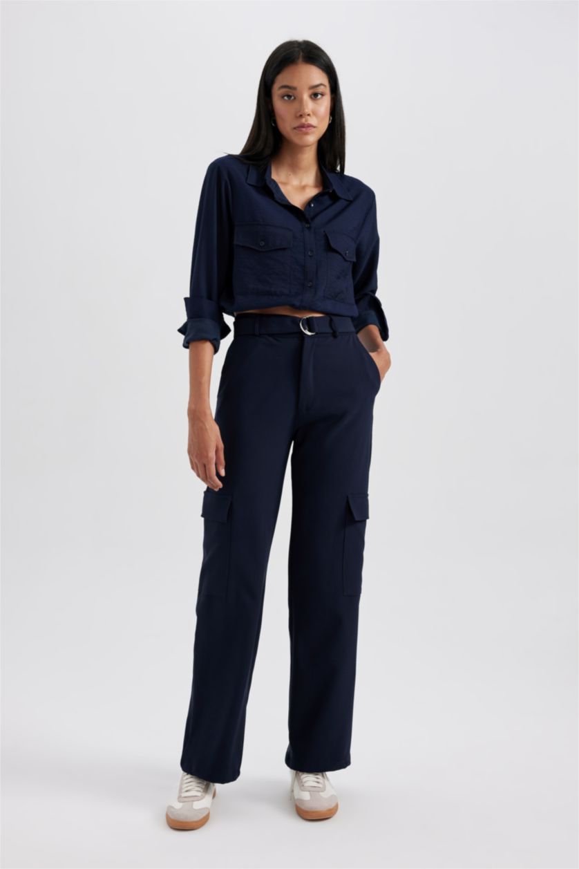 Woman NAVY Crop Long Sleeve Shirt