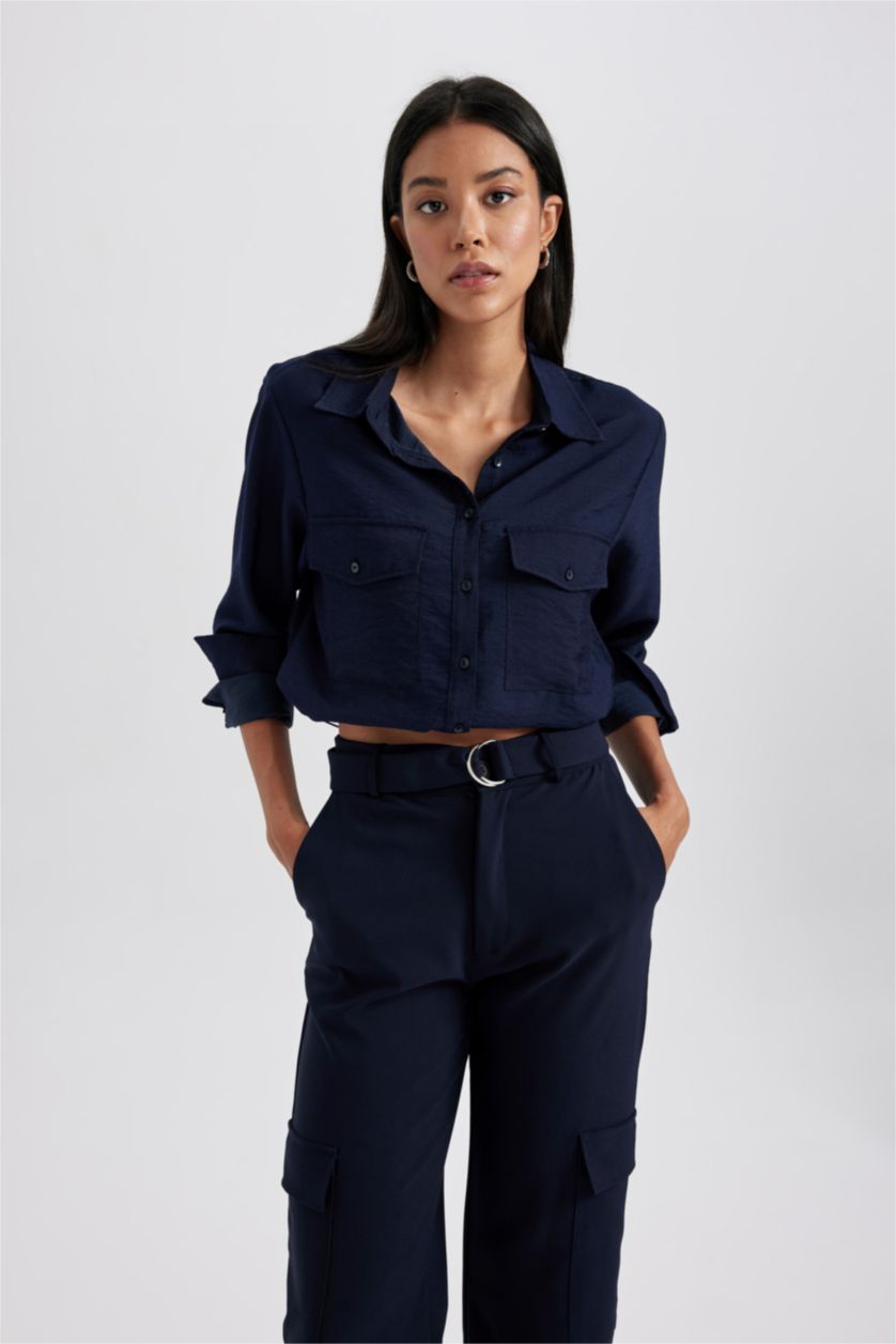 Woman NAVY Crop Long Sleeve Shirt