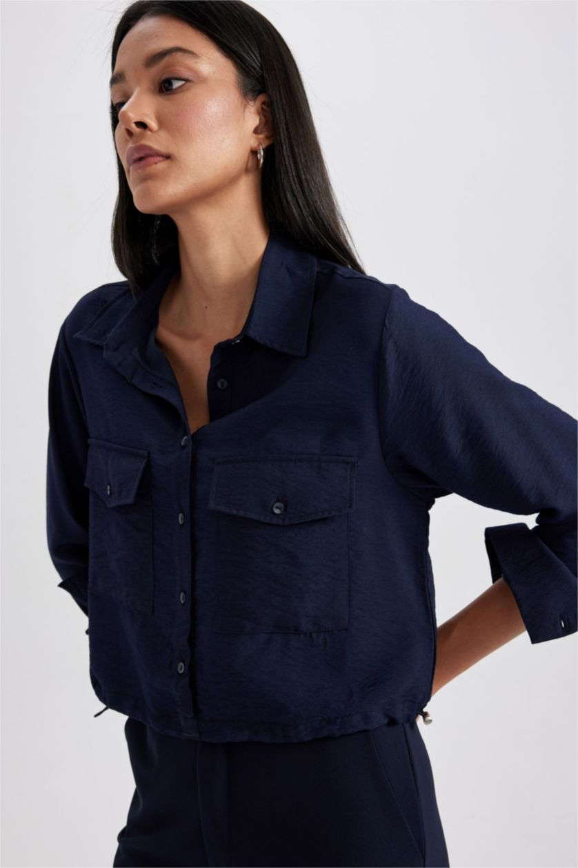 Woman NAVY Crop Long Sleeve Shirt
