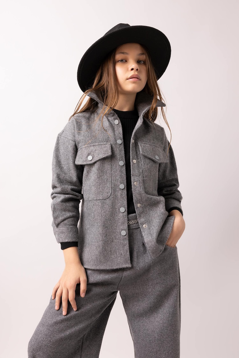 Young Girls - Teen Girls Grey Melange Girl Oversize Fit Flannel Long Sleeve Shirt