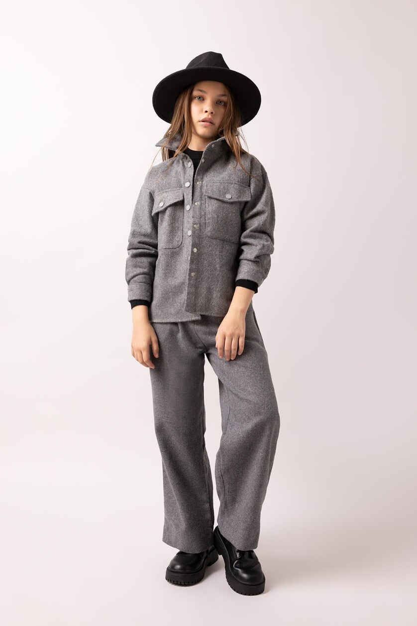 Young Girls - Teen Girls Grey Melange Girl Oversize Fit Flannel Long Sleeve Shirt