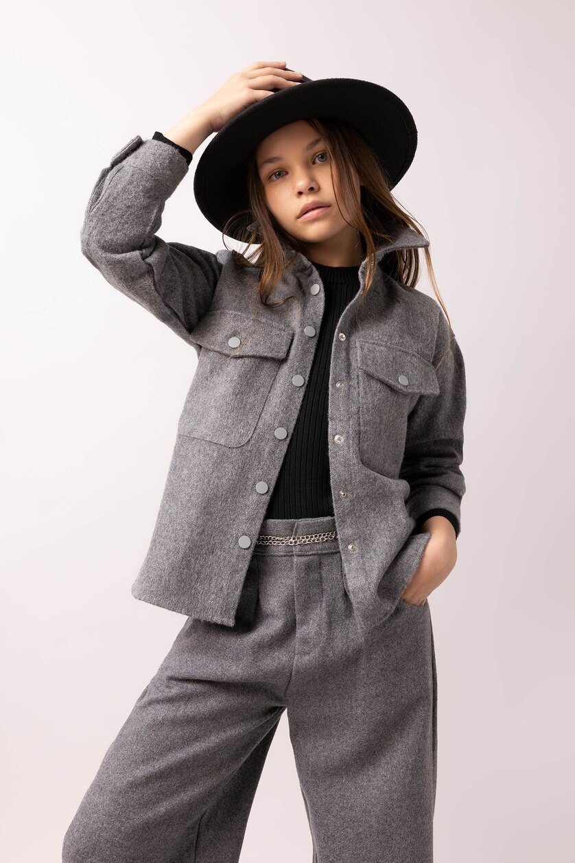 Young Girls - Teen Girls Grey Melange Girl Oversize Fit Flannel Long Sleeve Shirt