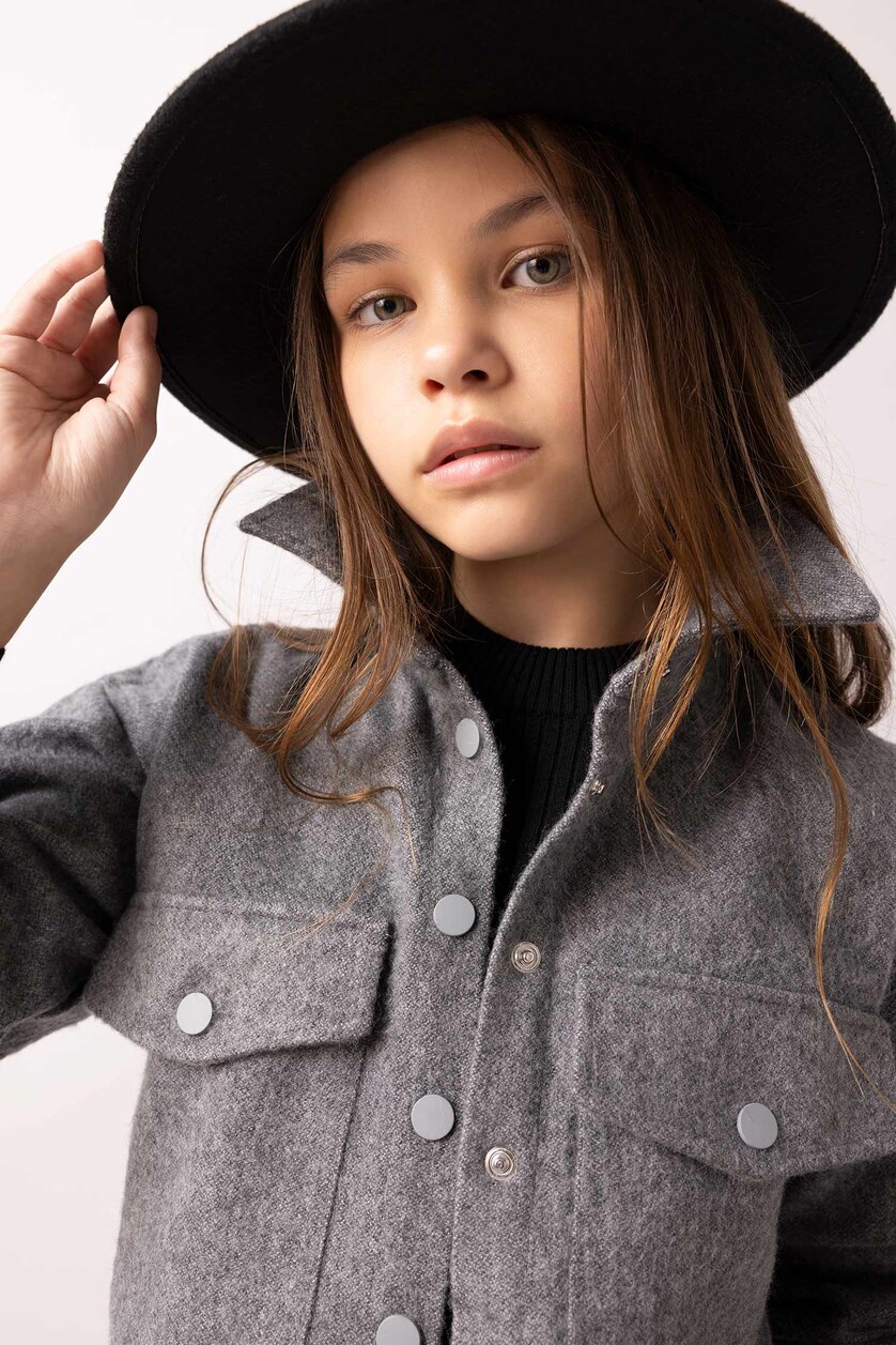 Young Girls - Teen Girls Grey Melange Girl Oversize Fit Flannel Long Sleeve Shirt