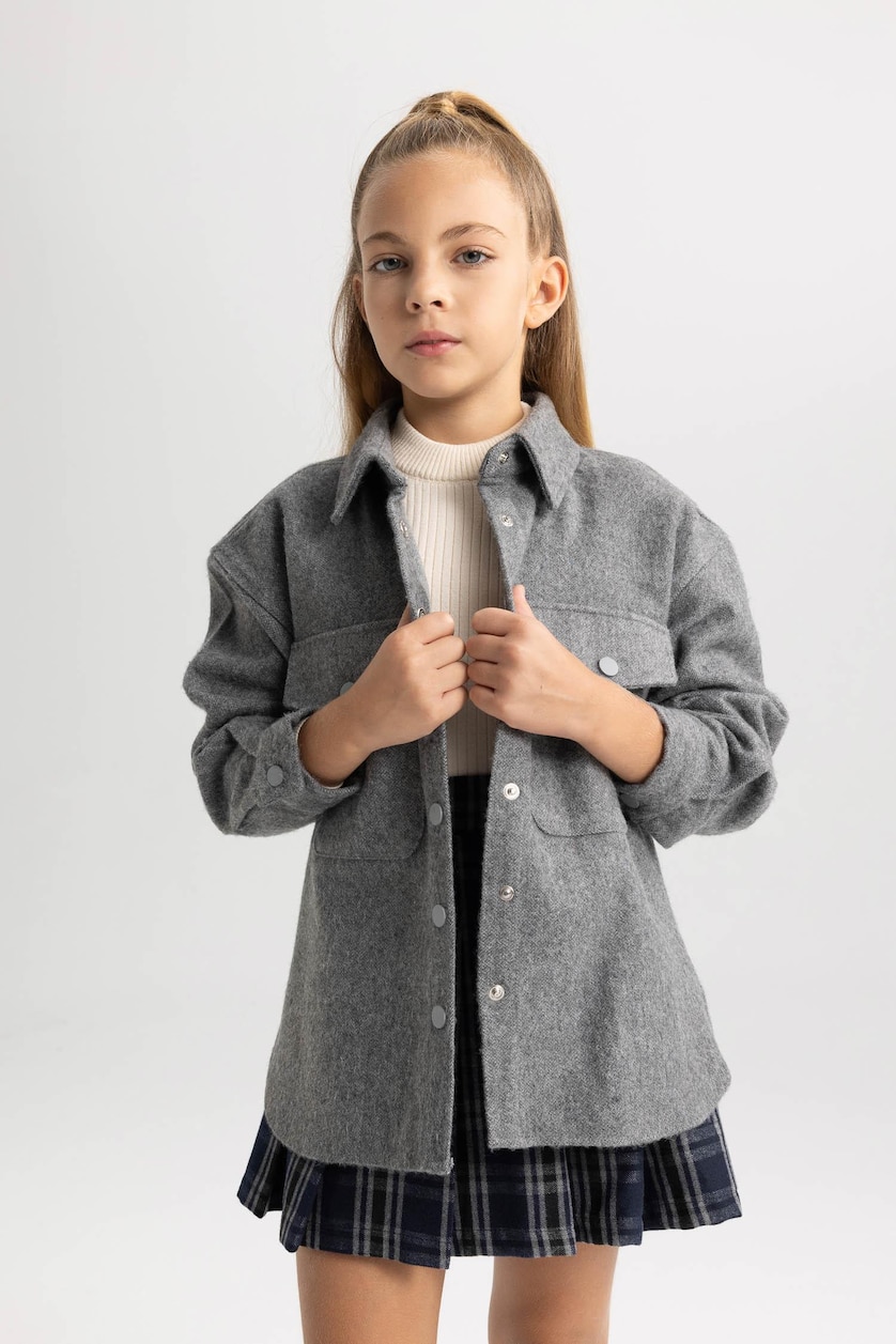 Young Girls - Teen Girls Grey Melange Girl Oversize Fit Flannel Long Sleeve Shirt
