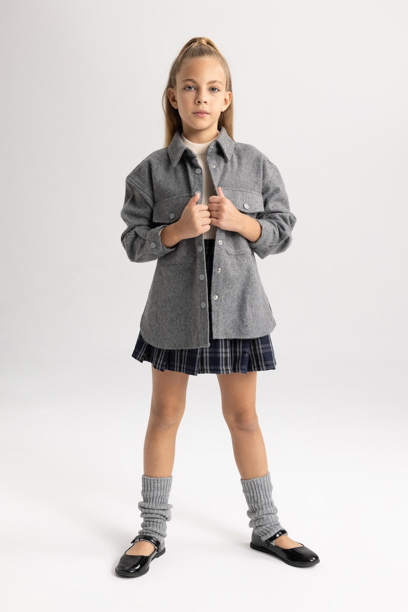 Young Girls - Teen Girls Grey Melange Girl Oversize Fit Flannel Long Sleeve Shirt