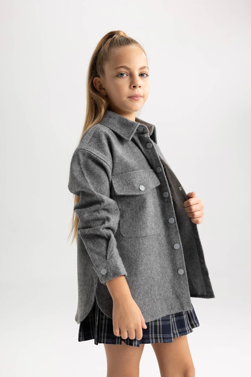 Young Girls - Teen Girls Grey Melange Girl Oversize Fit Flannel Long Sleeve Shirt