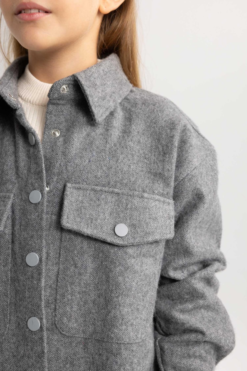 Young Girls - Teen Girls Grey Melange Girl Oversize Fit Flannel Long Sleeve Shirt