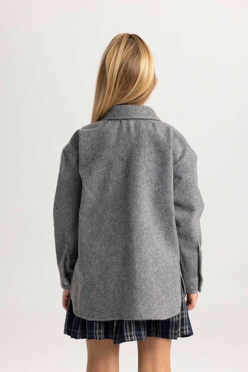 Young Girls - Teen Girls Grey Melange Girl Oversize Fit Flannel Long Sleeve Shirt