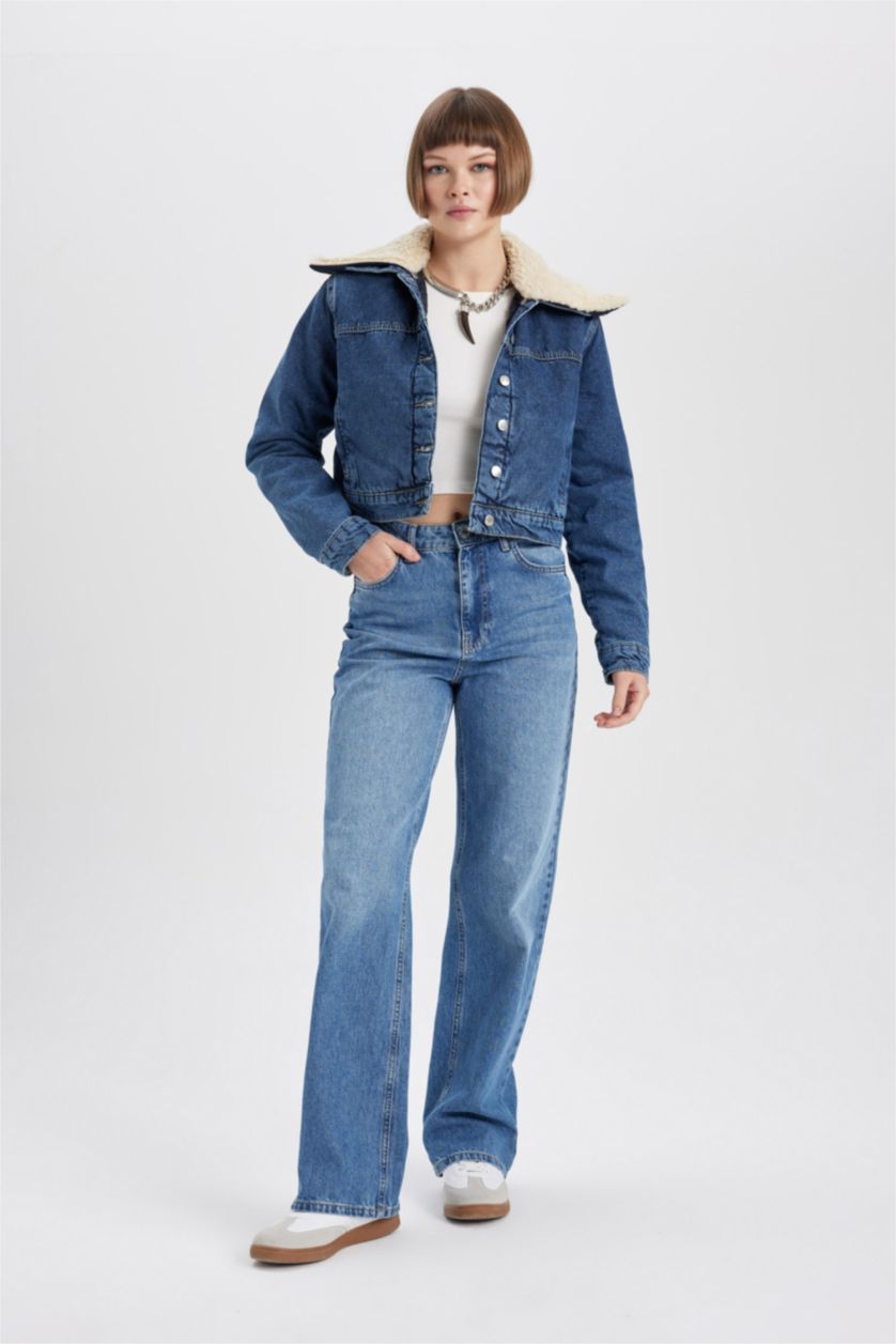 WOMAN Blue Faux Fur Collar Denim Jacket