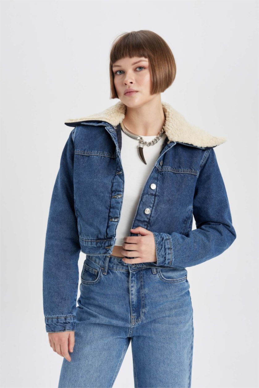WOMAN Blue Faux Fur Collar Denim Jacket