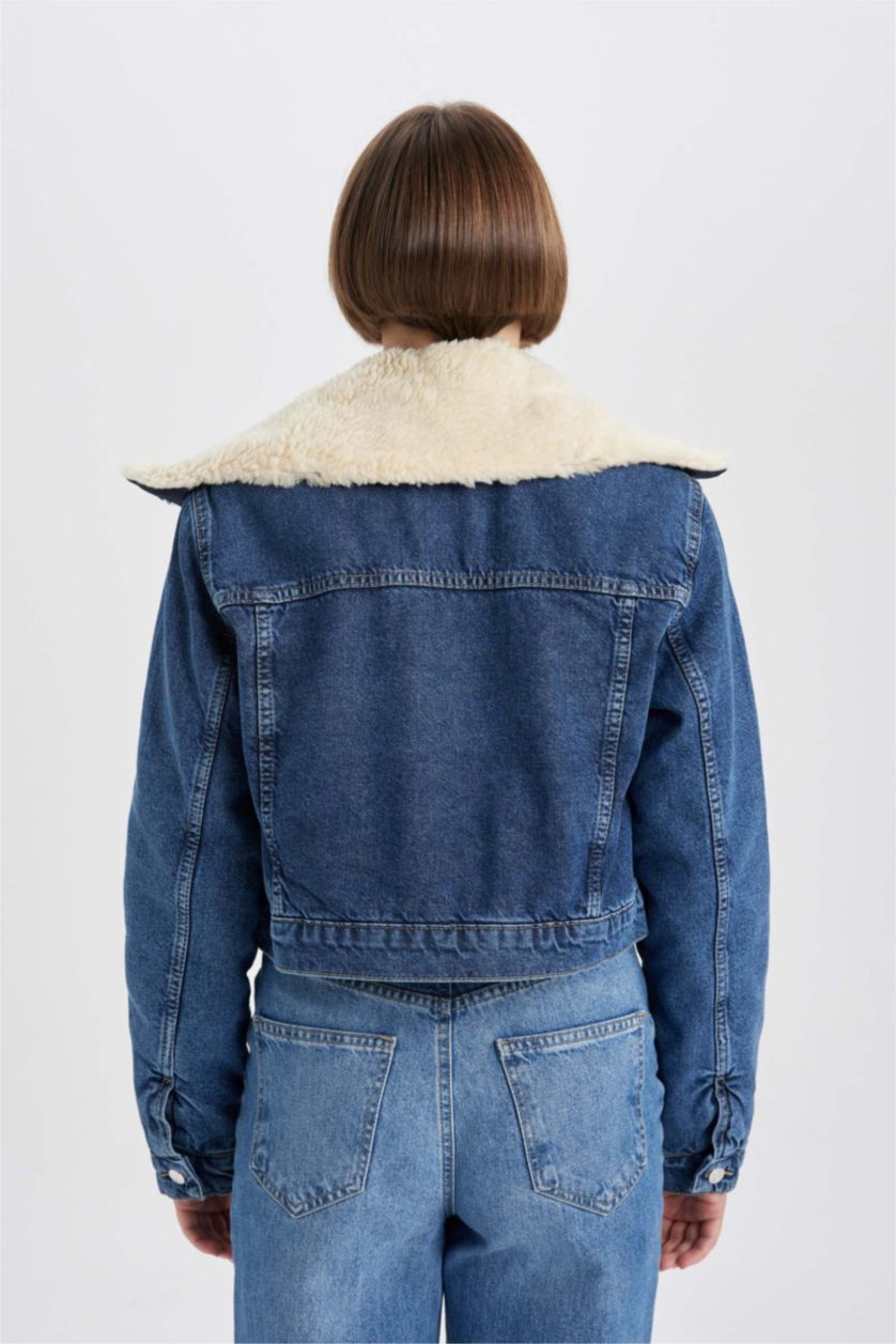 WOMAN Blue Faux Fur Collar Denim Jacket
