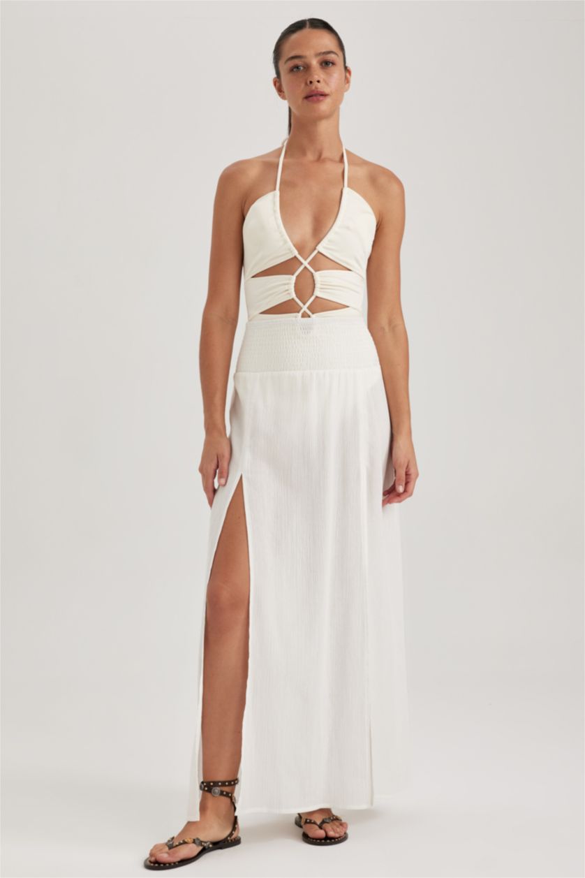 Kadın Kırık Beyaz Fall in Love Regular Fit  %100 Pamuk Yırtmaçlı Plaj Eteği