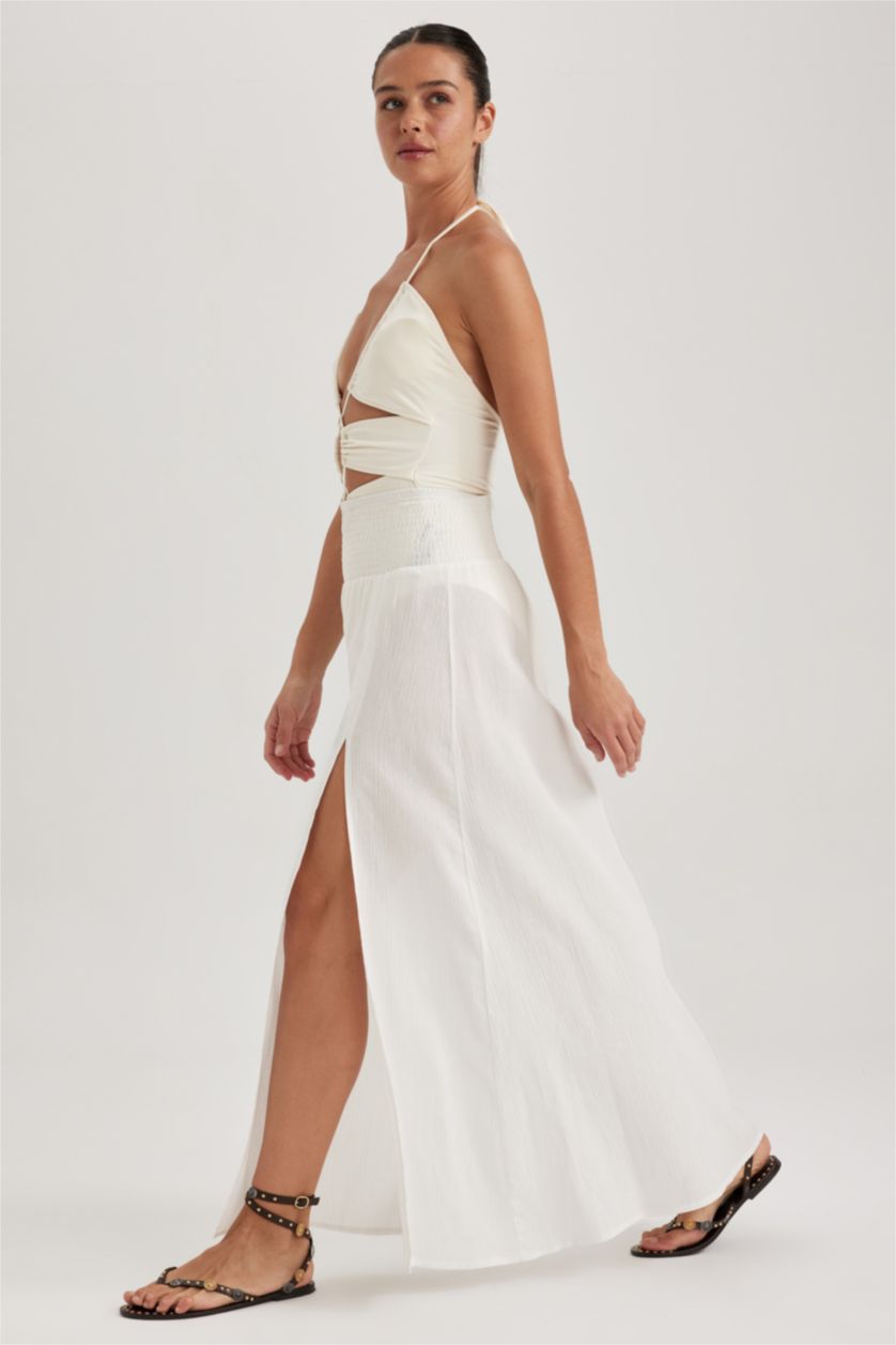 Kadın Kırık Beyaz Fall in Love Regular Fit  %100 Pamuk Yırtmaçlı Plaj Eteği