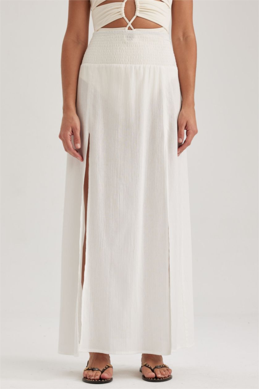 Kadın Kırık Beyaz Fall in Love Regular Fit  %100 Pamuk Yırtmaçlı Plaj Eteği