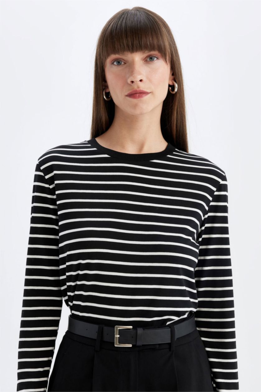Kadın Siyah Regular Fit Bisiklet Yaka Çizgili Casual Uzun Kollu Tişört