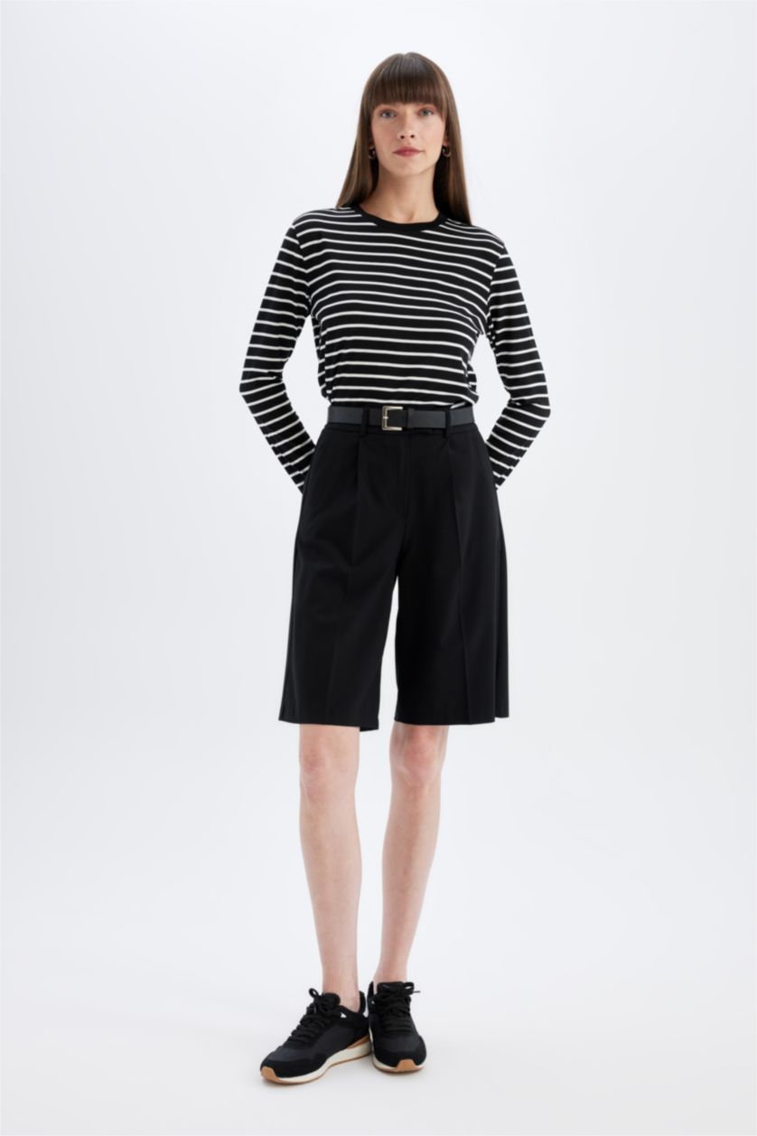 Kadın Siyah Regular Fit Bisiklet Yaka Çizgili Casual Uzun Kollu Tişört