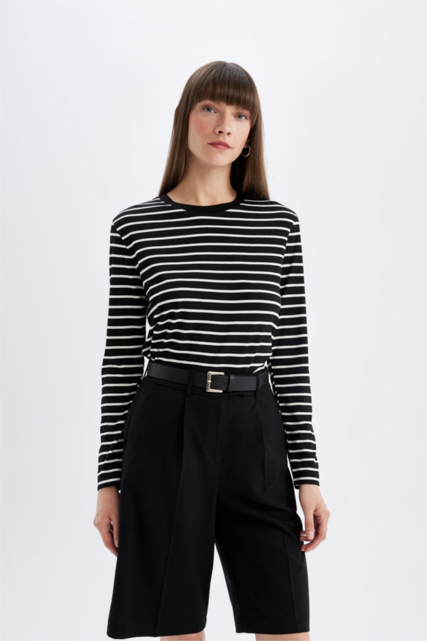 Kadın Siyah Regular Fit Bisiklet Yaka Çizgili Casual Uzun Kollu Tişört