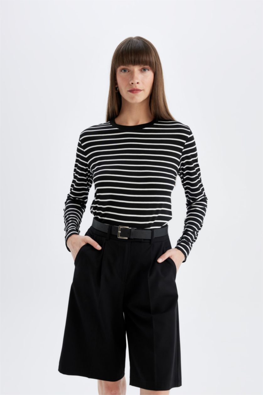 Kadın Siyah Regular Fit Bisiklet Yaka Çizgili Casual Uzun Kollu Tişört