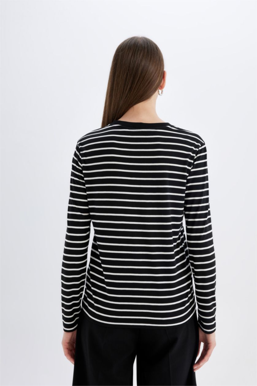 Kadın Siyah Regular Fit Bisiklet Yaka Çizgili Casual Uzun Kollu Tişört