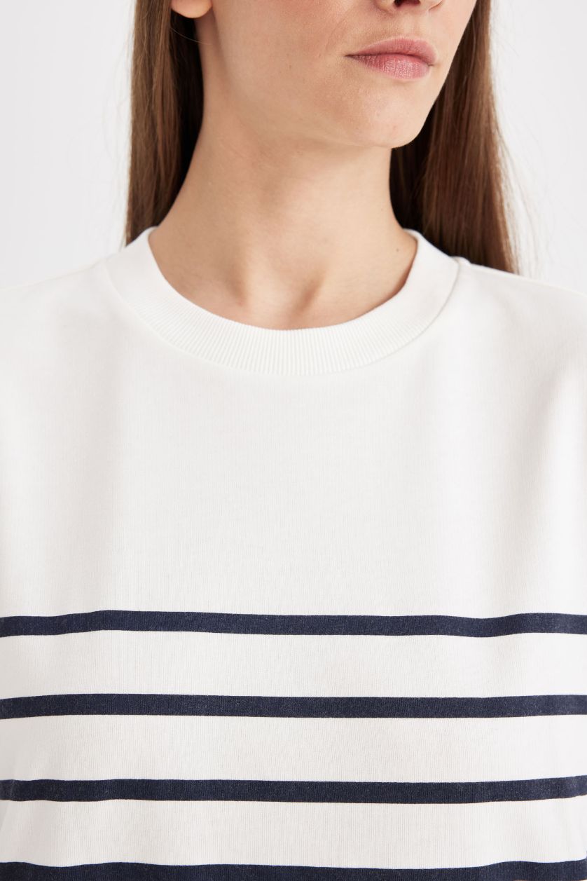 Kadın Ekru Relax Fit Bisiklet Yaka Çizgili İnce Sweatshirt