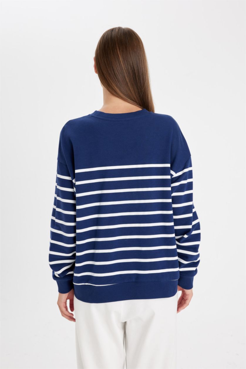 نساء كحلي سويت شيرت مخطط قصة مريحة برقبة مستديرة