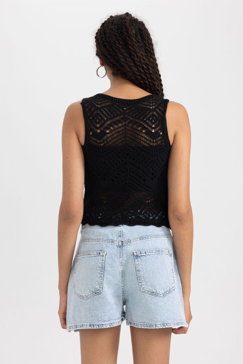 Kadın Siyah Regular Fit Basic Düz Bağlama Detaylı Kroşe Atlet