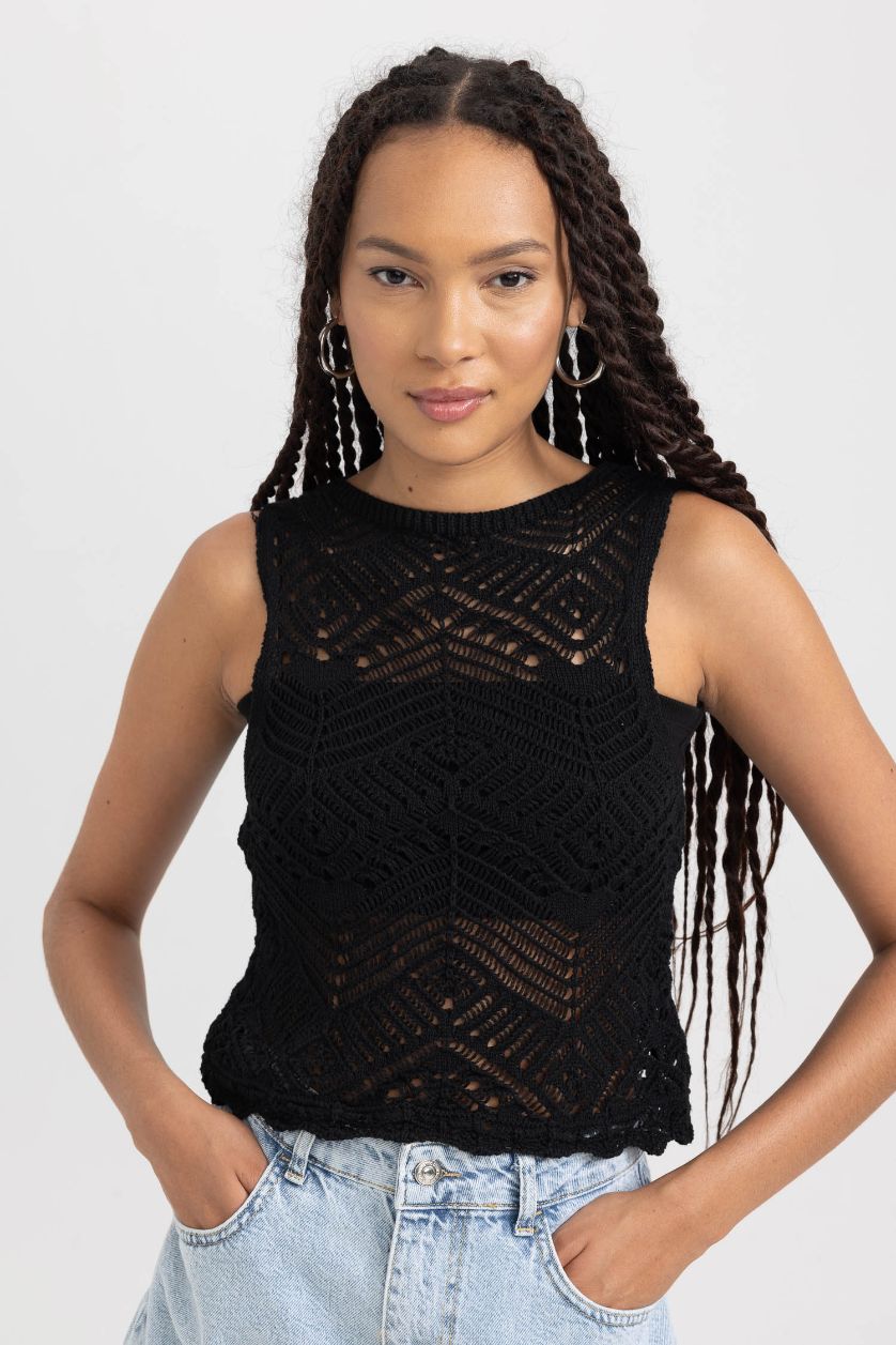 Kadın Siyah Regular Fit Basic Düz Bağlama Detaylı Kroşe Atlet