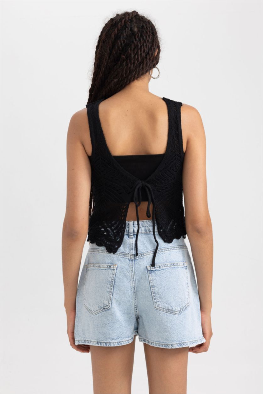 Kadın Siyah Regular Fit Basic Düz Bağlama Detaylı Kroşe Atlet