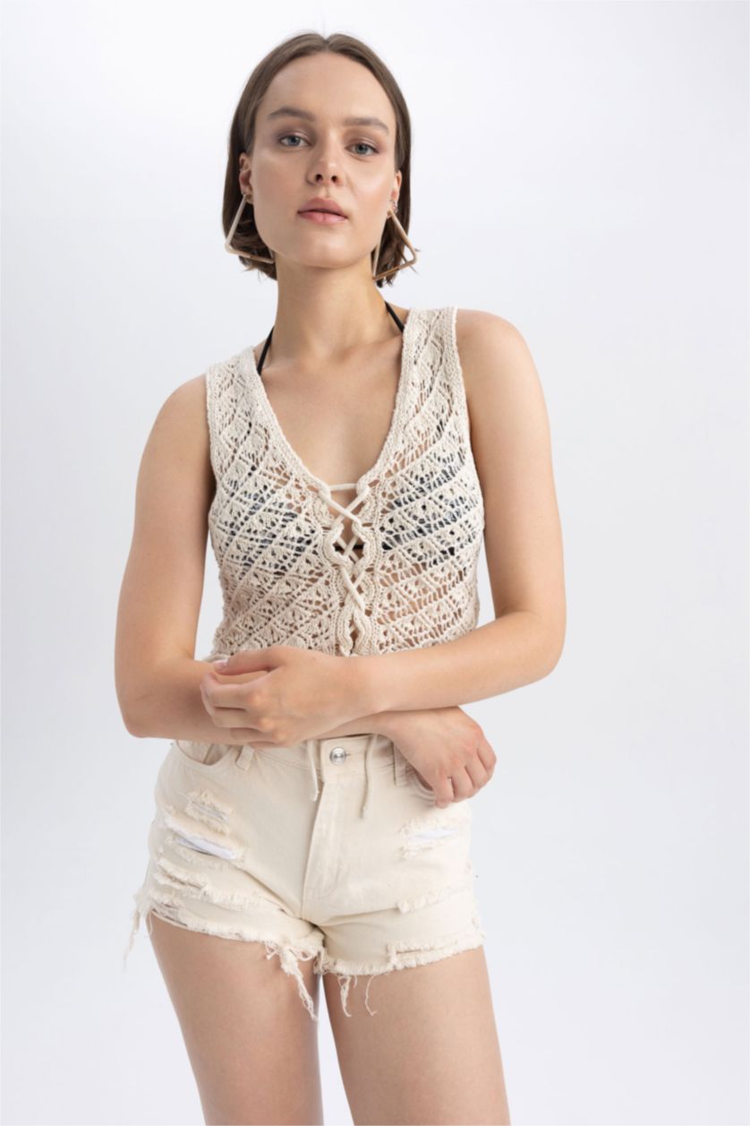 FEMME Écru Top  coupe régulière Col En V