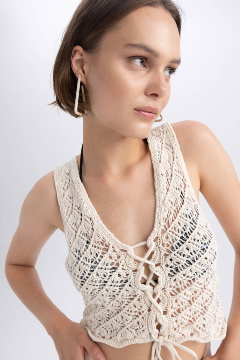 FEMME Écru Top  coupe régulière Col En V