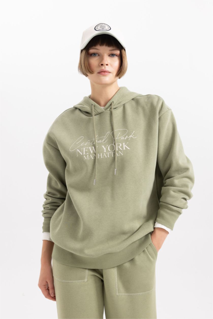 نساء كاكي سويت شيرت مطبوع قصة مريحة بغطاء للرأس