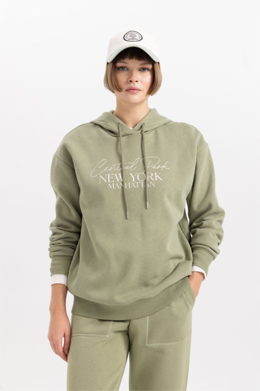 نساء كاكي سويت شيرت مطبوع قصة مريحة بغطاء للرأس